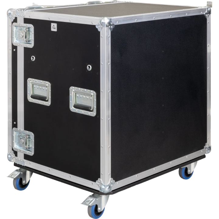 Side view of the mobile workshop flight case showing the 100mm castors and robust 9mm birch plywood construction