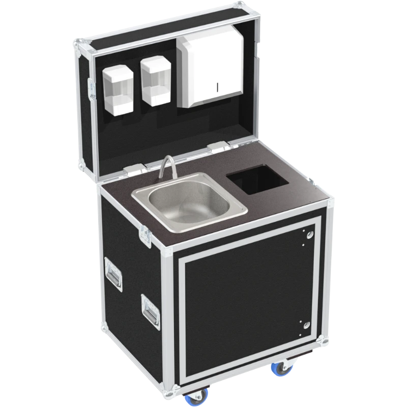 Mobile wash basin station open showing the integrated soap and paper dispensers