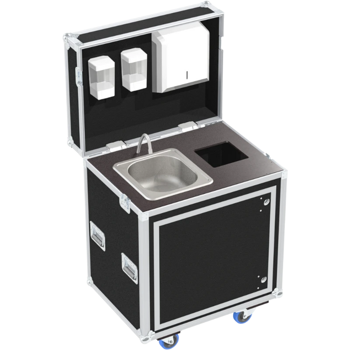Mobile wash basin station open showing the integrated soap and paper dispensers