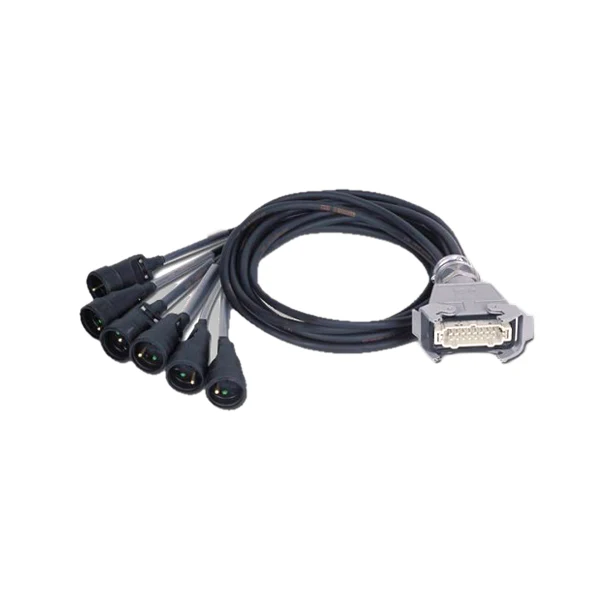 Standalone view of a heavy-duty Harting 16-pole multipin connector on a cable before covering