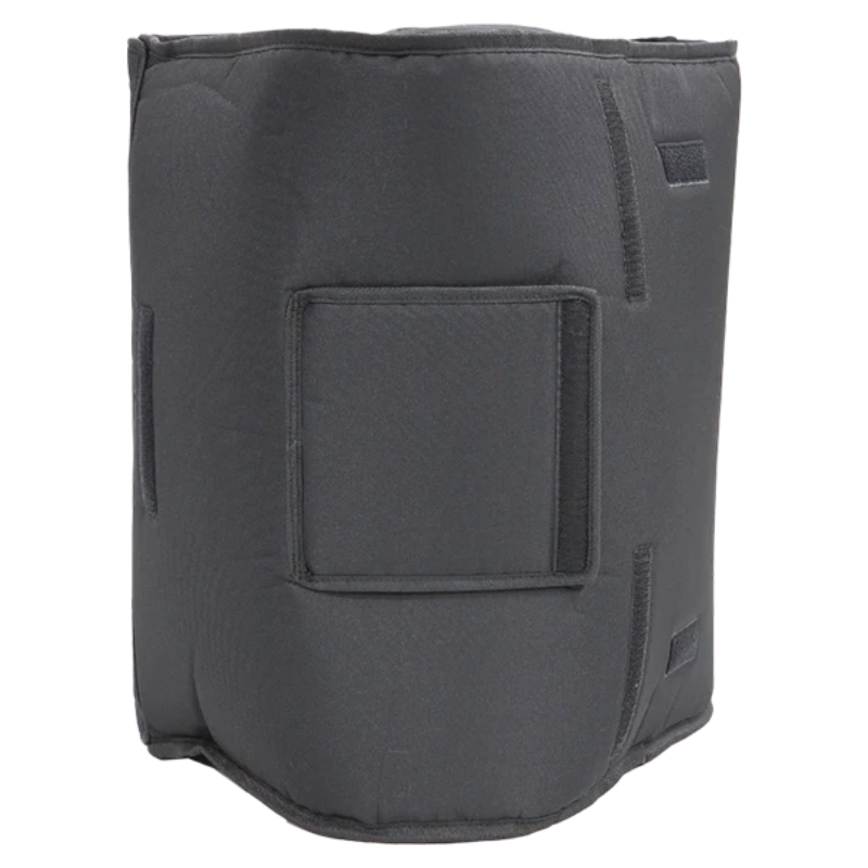 Rear and side view of the Plug & Play speaker cover showcasing 50mm Velcro closures and handle openings for L-Acoustics 12XT