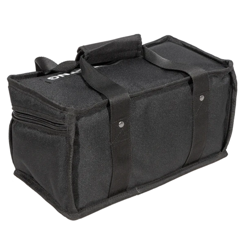 Professional audio equipment bag rear view, showcasing reinforced finishing borders and carrying handle by ALP