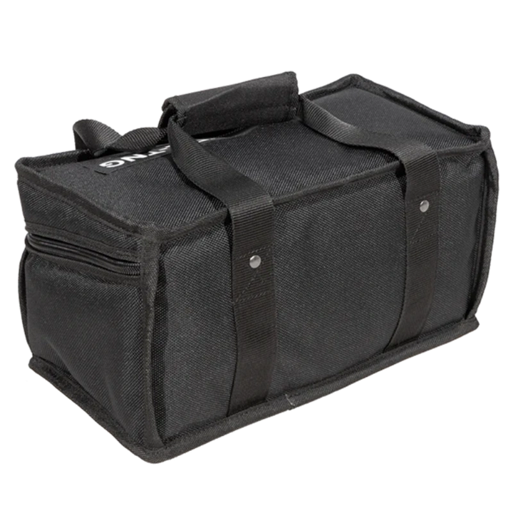 Professional audio equipment bag rear view, showcasing reinforced finishing borders and carrying handle by ALP