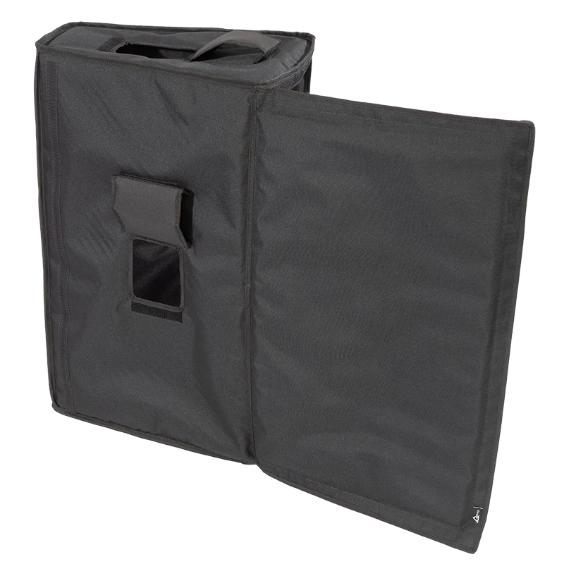 Front view of the professional cover with the side flap open, demonstrating the Plug and Play acoustic deployment for the L-Acoustics A15 Wide