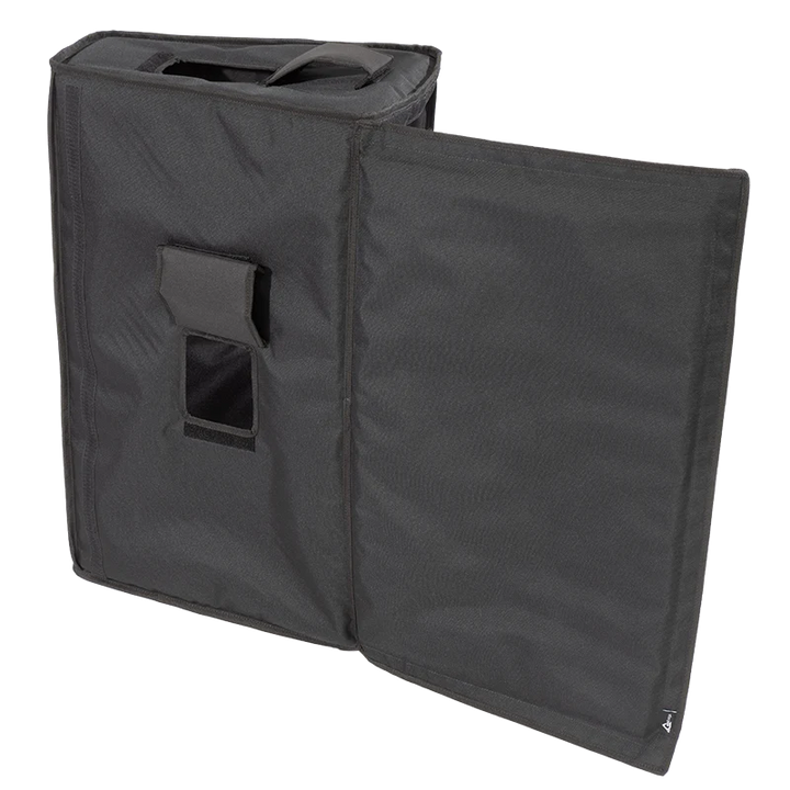 Front view of the professional cover with the side flap open, demonstrating the Plug and Play acoustic deployment for the L-Acoustics A15 Wide