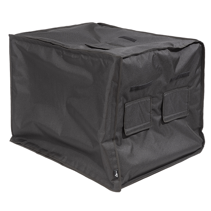 Professional Plug and Play cover front view, featuring durable 1500 Denier Cordura with velcro flap closed for an L-Acoustics KS21 subwoofer by ALP Bags