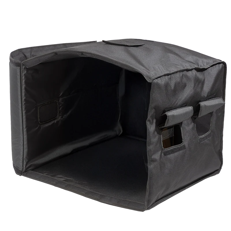 Front view of the professional cover with the side flap open, demonstrating the Plug and Play acoustic deployment for the L-Acoustics KS21