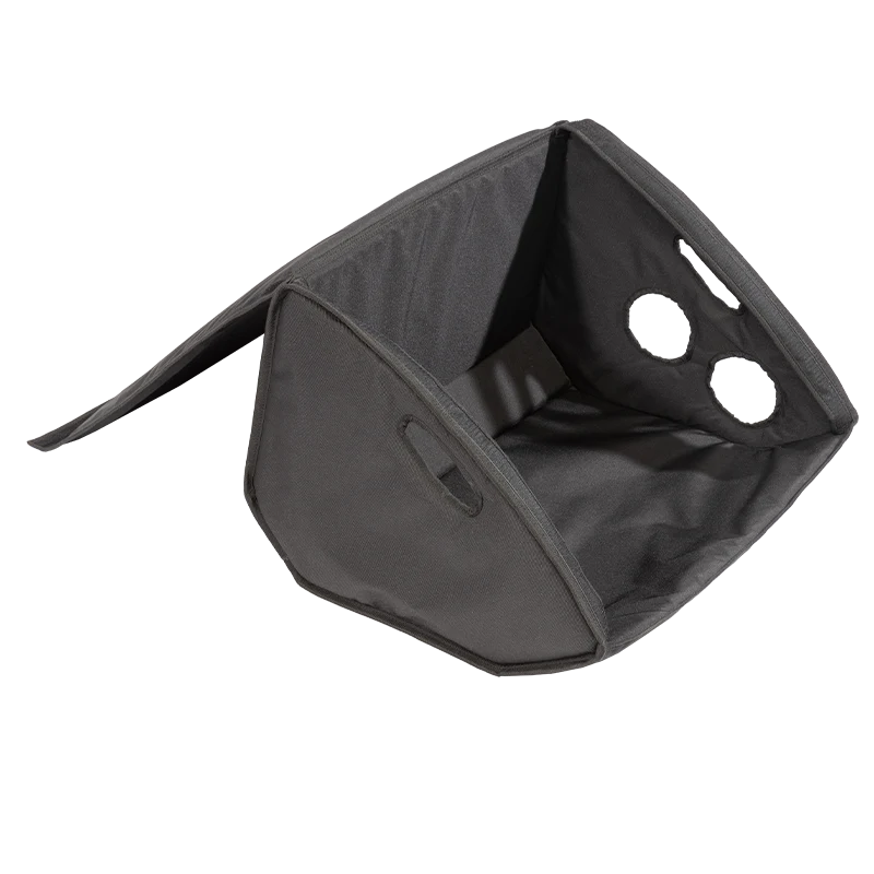 Front view of the professional cover with the side flap open, demonstrating the Plug and Play acoustic deployment for the L-Acoustics X15