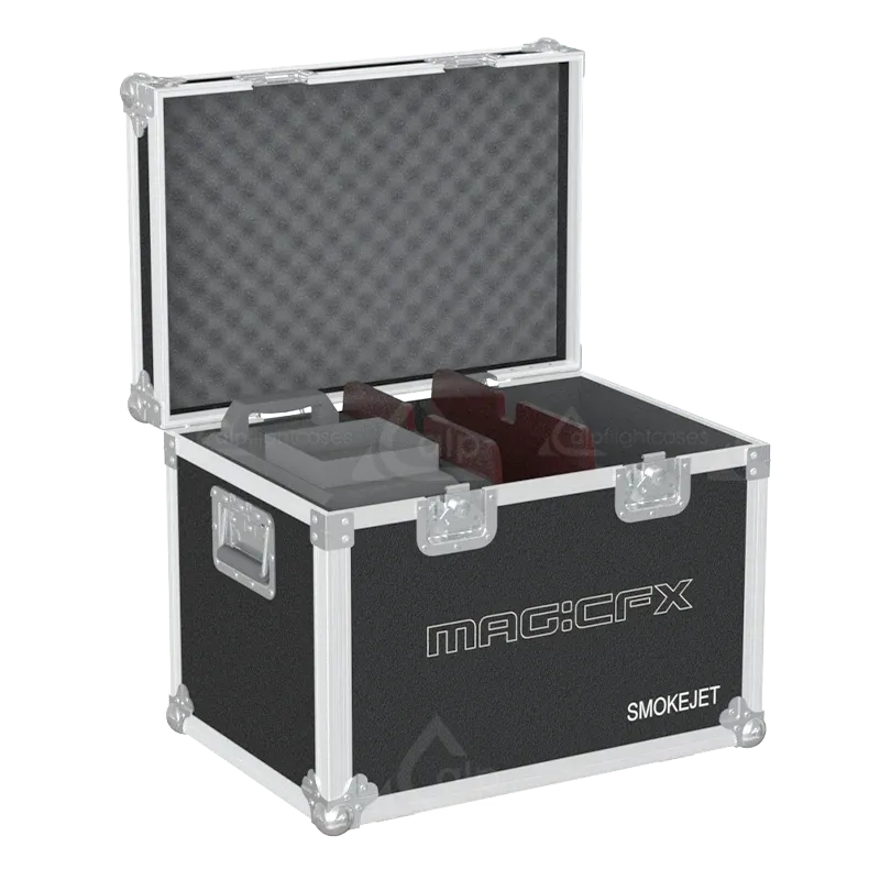 Interior view of the professional flight case, fully loaded and secured with custom foam padding for 2x MagicFX SmokeJet.