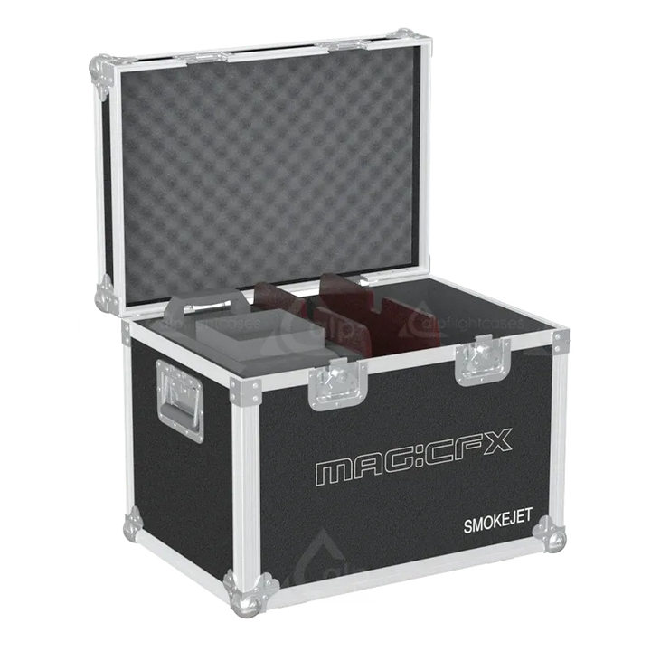 Interior view of the professional flight case, fully loaded and secured with custom foam padding for 2x MagicFX SmokeJet.