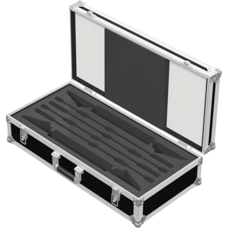 Empty interior of the multicase showing specialized slots for microphone bases and long gooseneck compartments