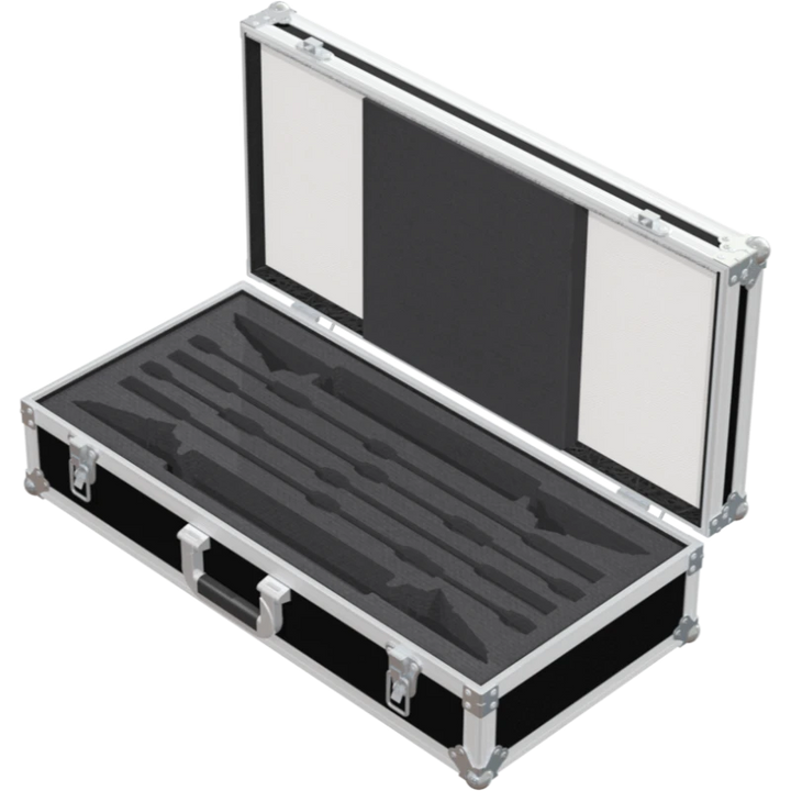 Empty interior of the multicase showing specialized slots for microphone bases and long gooseneck compartments