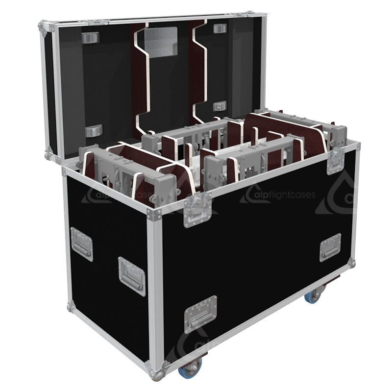 Open view of the rigging flight case interior, specifically partitioned for the secure transport of 4x Nexo VNT/VNI BUMPM10 bumpers