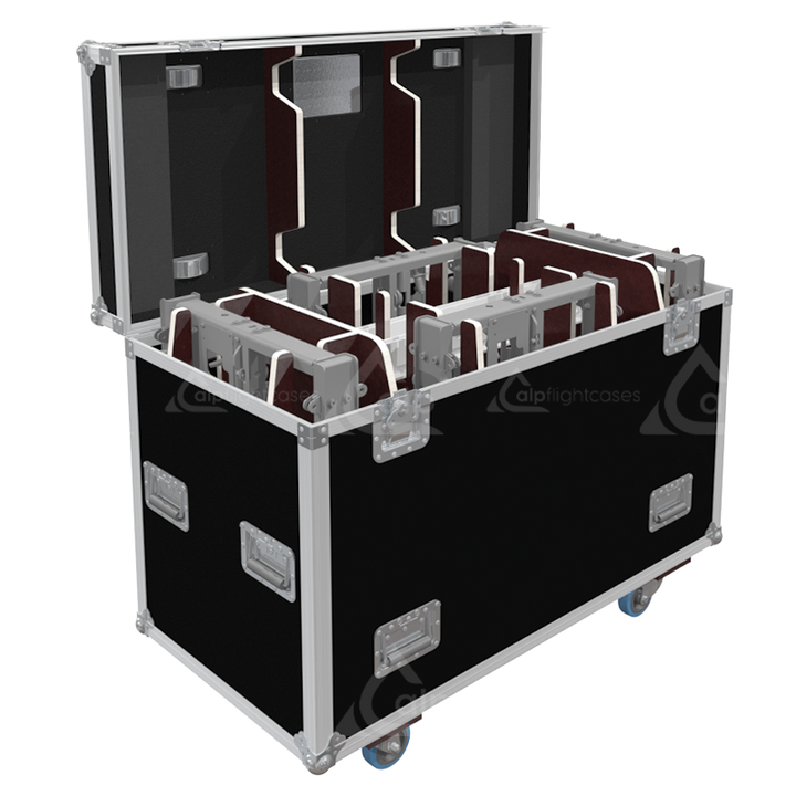 Open view of the rigging flight case interior, specifically partitioned for the secure transport of 4x Nexo VNT/VNI BUMPM10 bumpers
