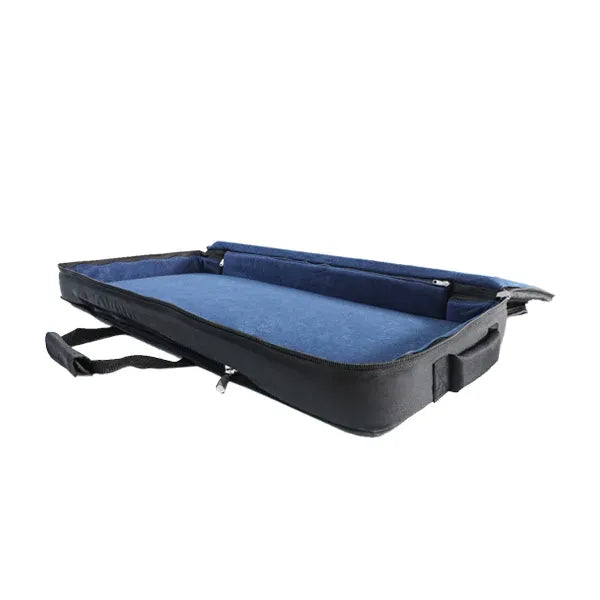 View of the open protective bag without the equipment, highlighting the plush blue velvet interior and 11mm foam padding