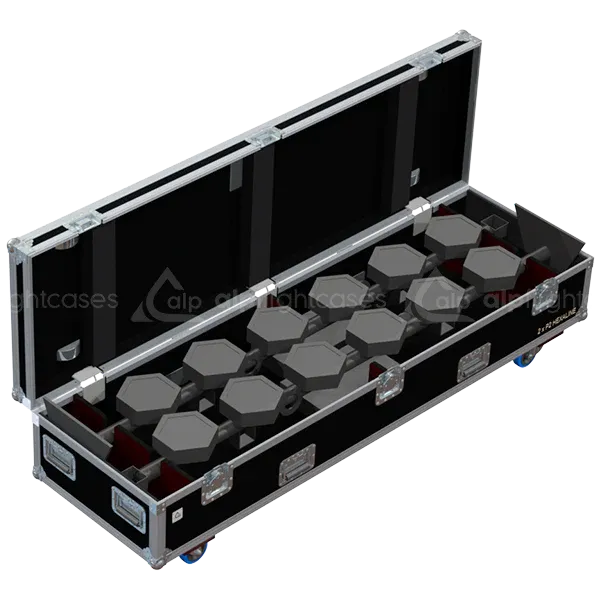 Interior view of the professional flight case, fully loaded and secured with custom padding for 2x Portman P2 Hexaline fixtures.