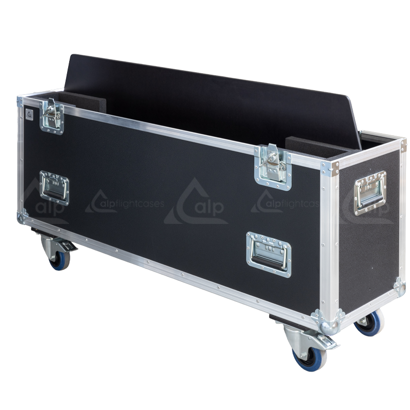 Open view of the display flight case demonstrating the adjustable interior blocking system for secure screen fitment