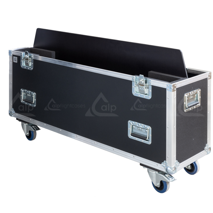 Open view of the display flight case demonstrating the adjustable interior blocking system for secure screen fitment