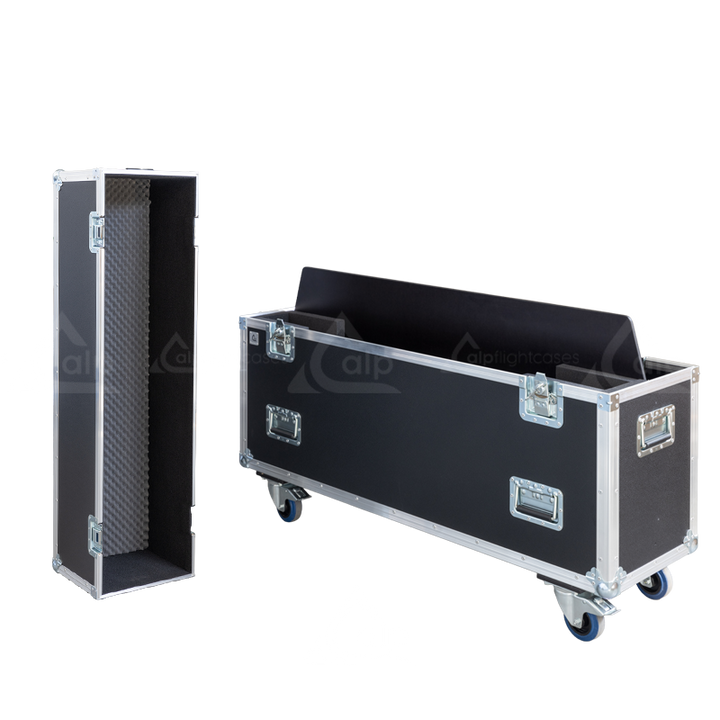 Side profile highlighting the 10mm birch plywood construction, heavy-duty 100mm castors, and multiple recessed handles for team lifting