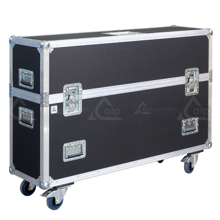 Exterior front view of the large PRO adjustable display flight case for 58 to 65 inch screens with PVC finish by ALP Flight Cases