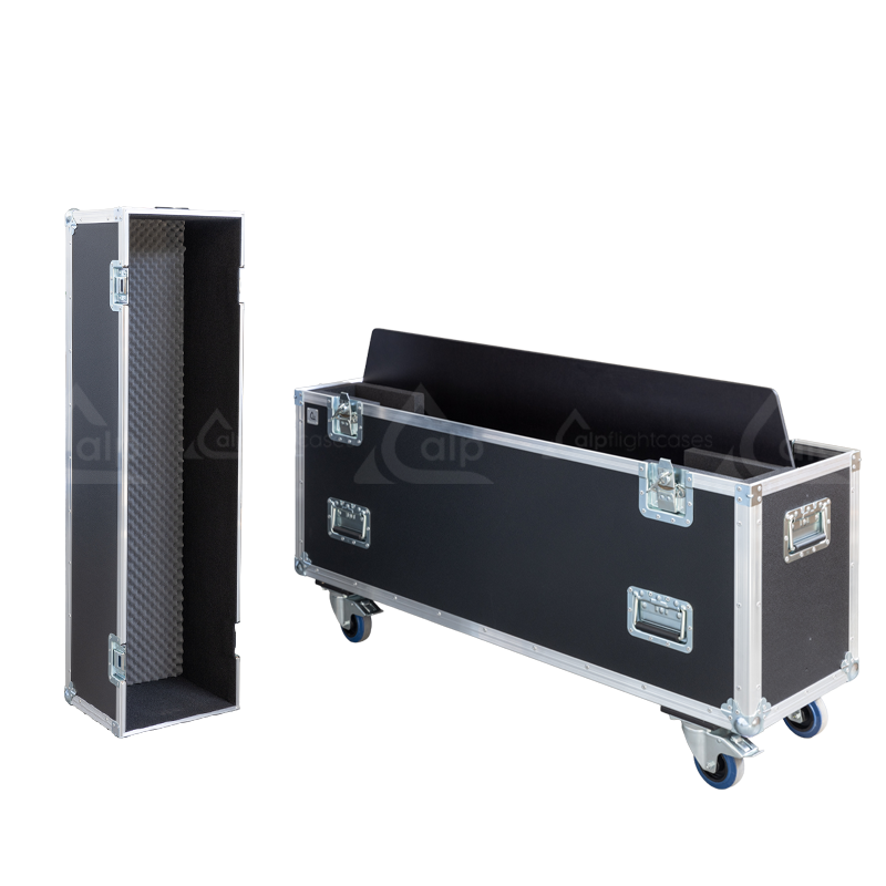 Side profile highlighting the 10mm birch plywood construction, heavy-duty 100mm castors, and multiple recessed handles for team lifting