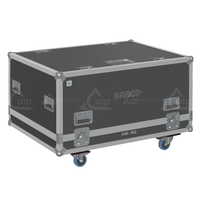 Exterior front view of the massive Barco G100-W22 projector flight case featuring 10mm Birch Plywood, durable PVC finish, and heavy-duty 100mm wheels by ALP Flight Cases