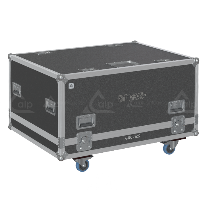 Exterior front view of the massive Barco G100-W22 projector flight case featuring 10mm Birch Plywood, durable PVC finish, and heavy-duty 100mm wheels by ALP Flight Cases
