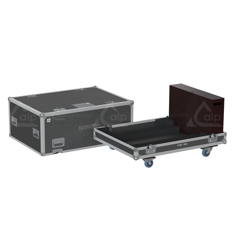 Open view of the large projector flight case interior highlighting the custom shock-absorbing foam lining precisely engineered for the Barco G100-W22 chassis