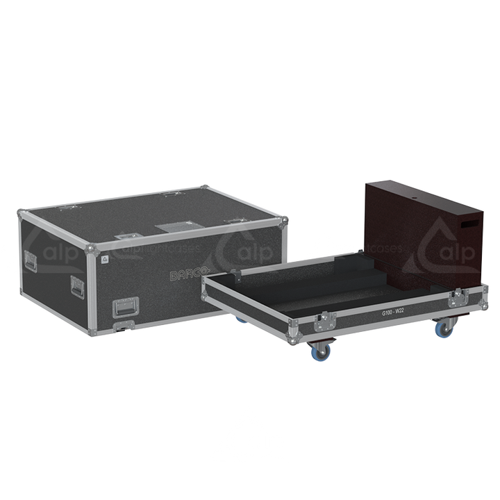 Open view of the large projector flight case interior highlighting the custom shock-absorbing foam lining precisely engineered for the Barco G100-W22 chassis