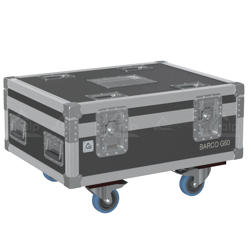 Exterior front view of the professional Barco G60 projector flight case featuring 10mm Birch Plywood, durable PVC finish, and heavy-duty 100mm wheels by ALP Flight Cases