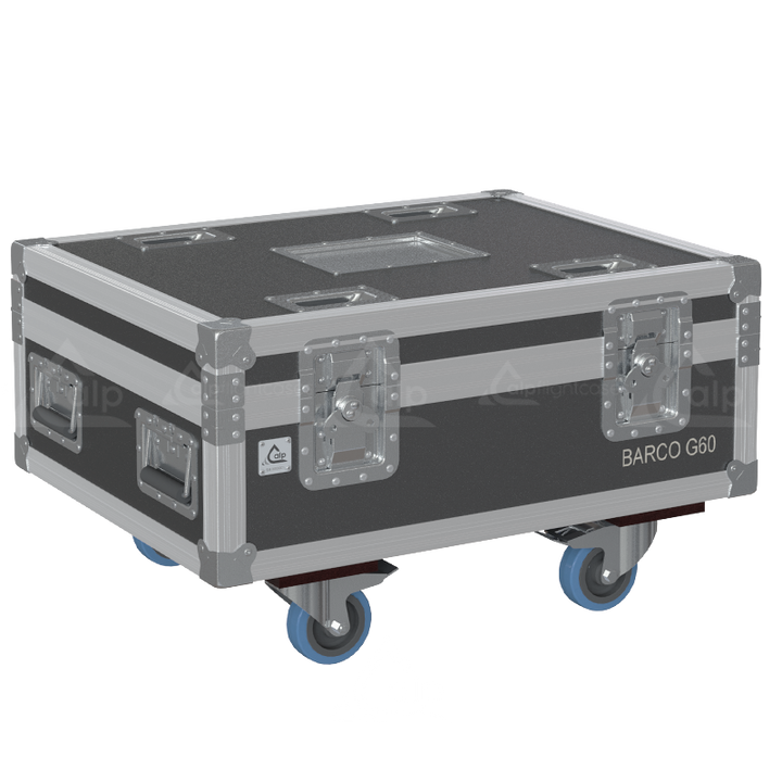 Exterior front view of the professional Barco G60 projector flight case featuring 10mm Birch Plywood, durable PVC finish, and heavy-duty 100mm wheels by ALP Flight Cases