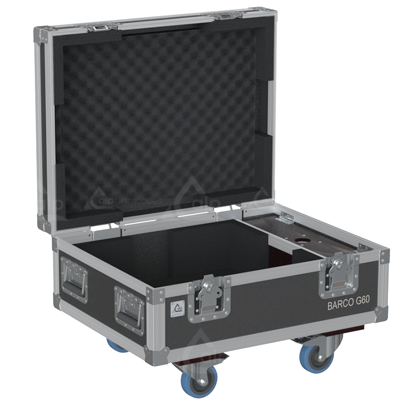 Open view of the projector flight case interior highlighting the custom shock-absorbing foam lining precisely engineered for the Barco G60 chassis