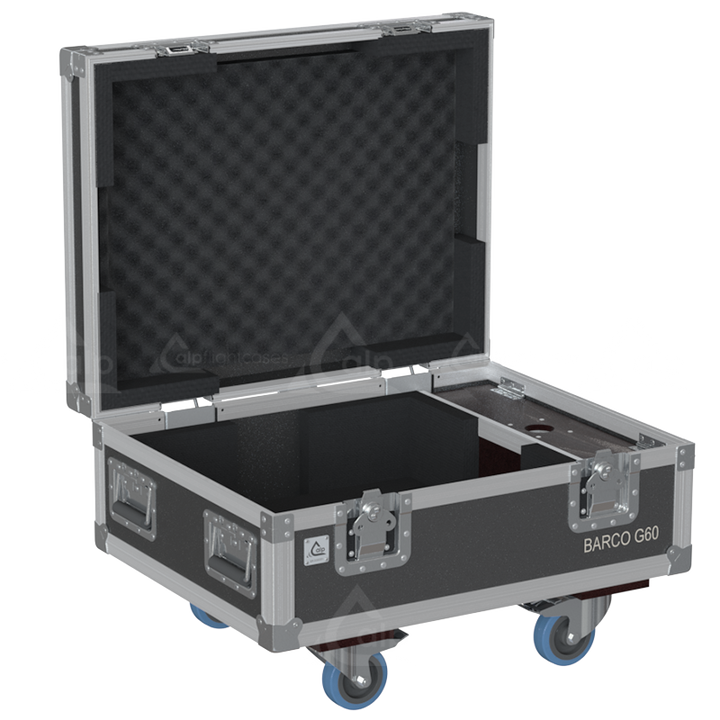 Open view of the projector flight case interior highlighting the custom shock-absorbing foam lining precisely engineered for the Barco G60 chassis