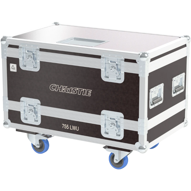 Exterior front view of the professional Christie LWU755-DS projector flight case featuring 10mm Birch Plywood, durable PVC finish, and heavy-duty wheels by ALP Flight Cases