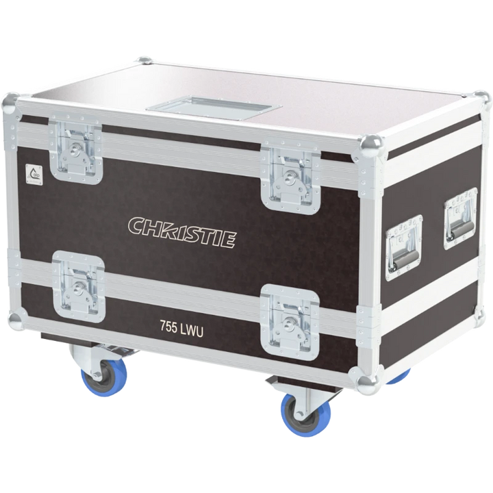 Exterior front view of the professional Christie LWU755-DS projector flight case featuring 10mm Birch Plywood, durable PVC finish, and heavy-duty wheels by ALP Flight Cases