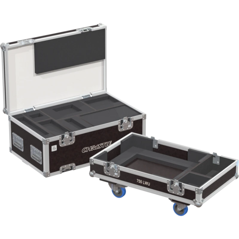 Open view of the projector flight case interior highlighting the custom shock-absorbing foam lining precisely engineered for the Christie LWU755-DS chassis