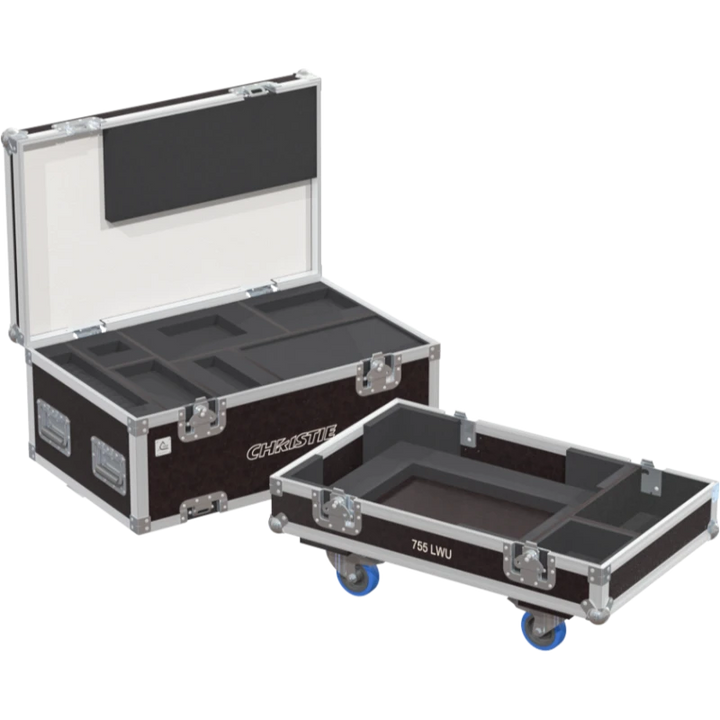 Open view of the projector flight case interior highlighting the custom shock-absorbing foam lining precisely engineered for the Christie LWU755-DS chassis