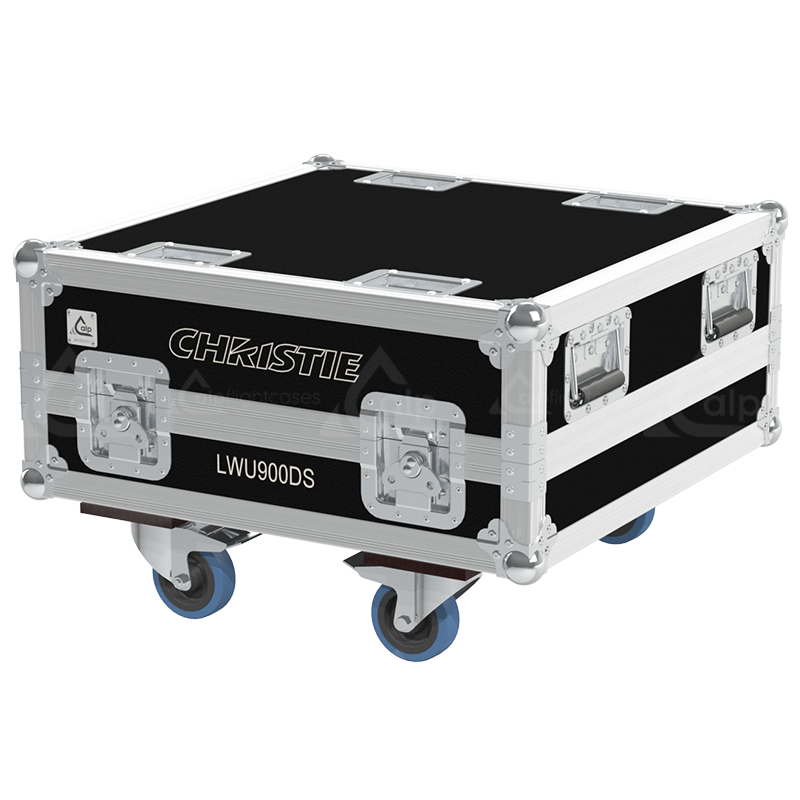 Exterior front view of the professional Christie LWU900-DS projector flight case featuring 10mm Birch Plywood, durable PVC finish, and heavy-duty 100mm wheels by ALP Flight Cases