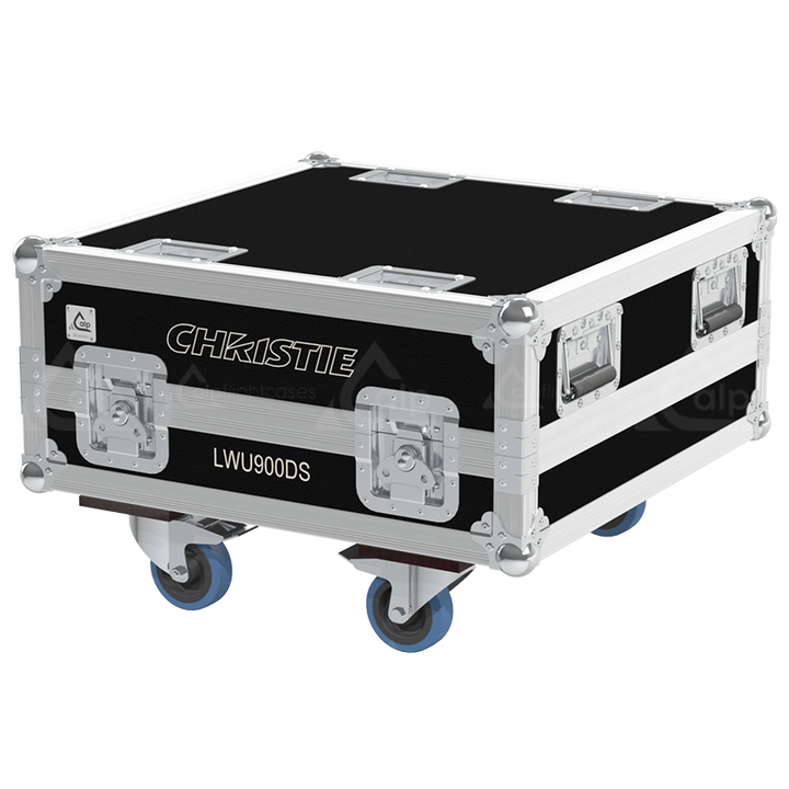 Exterior front view of the professional Christie LWU900-DS projector flight case featuring 10mm Birch Plywood, durable PVC finish, and heavy-duty 100mm wheels by ALP Flight Cases