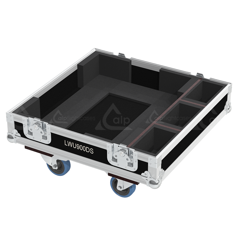 Open view of the projector flight case interior highlighting the custom shock-absorbing foam lining precisely engineered for the Christie LWU900-DS chassis