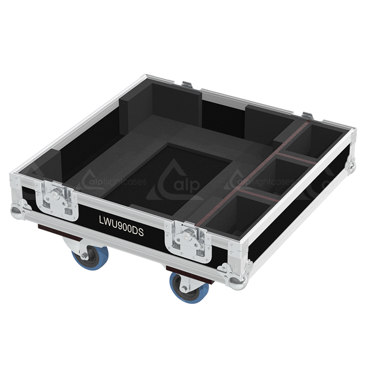 Open view of the projector flight case interior highlighting the custom shock-absorbing foam lining precisely engineered for the Christie LWU900-DS chassis