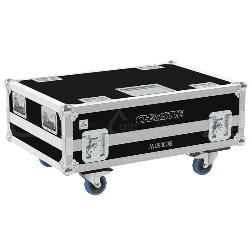Exterior front view of the professional Christie LWU900-DS V2 projector flight case featuring 10mm Birch Plywood, durable PVC finish, and heavy-duty 100mm wheels by ALP Flight Cases