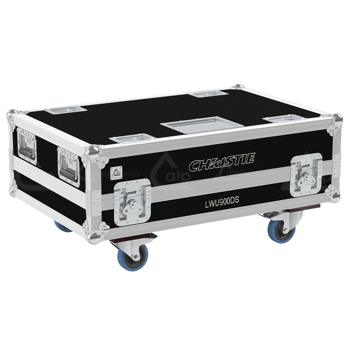 Exterior front view of the professional Christie LWU900-DS V2 projector flight case featuring 10mm Birch Plywood, durable PVC finish, and heavy-duty 100mm wheels by ALP Flight Cases