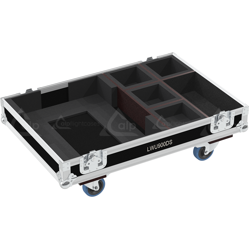 Open view of the projector flight case interior highlighting the custom shock-absorbing foam lining precisely engineered for the Christie LWU900-DS V2 chassis