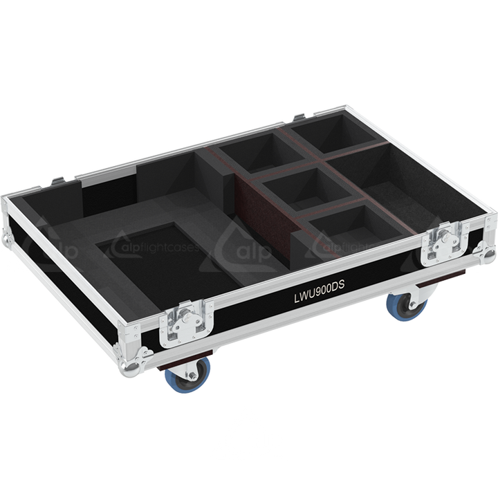 Open view of the projector flight case interior highlighting the custom shock-absorbing foam lining precisely engineered for the Christie LWU900-DS V2 chassis