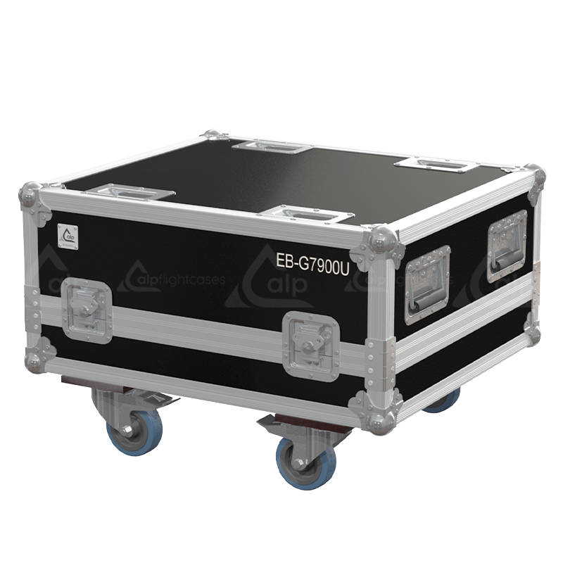 Exterior front view of the professional Epson EB-G7900U projector flight case featuring 10mm Birch Plywood, durable PVC finish, and heavy-duty 100mm wheels by ALP Flight Cases