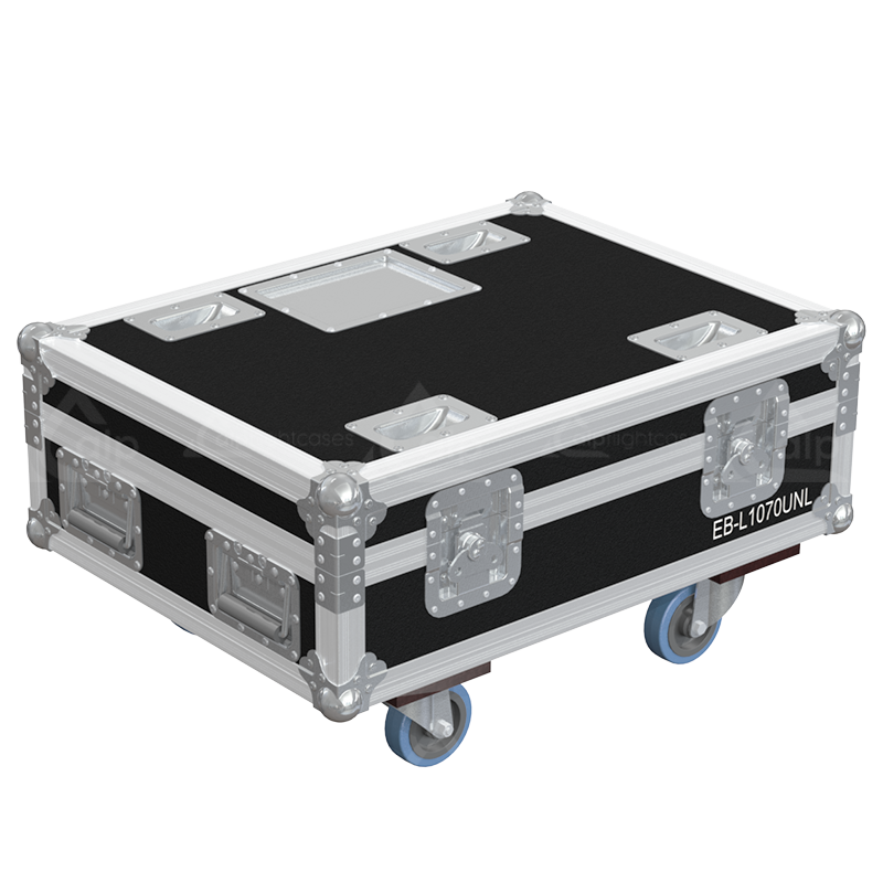 Rear exterior view of the flight case showcasing the structural integrity, PVC finishing, and professional touring aesthetic