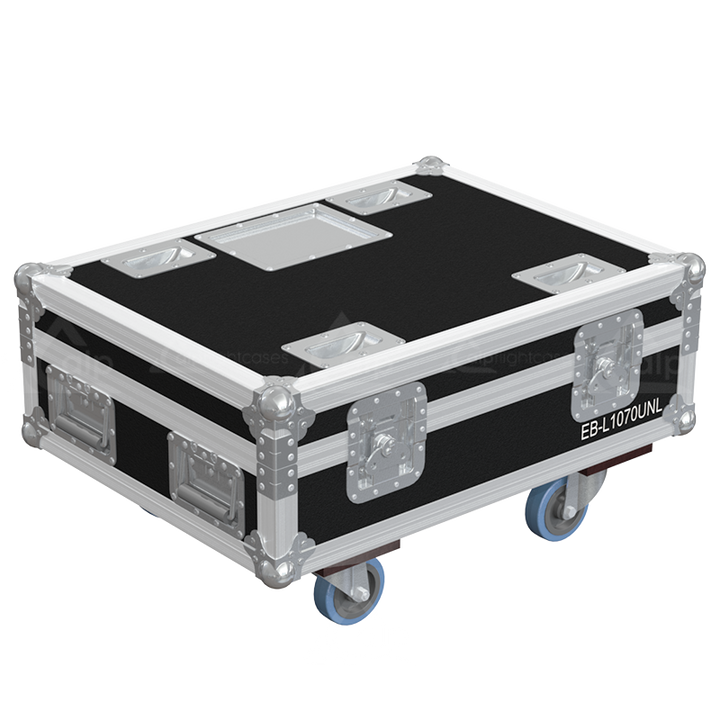 Rear exterior view of the flight case showcasing the structural integrity, PVC finishing, and professional touring aesthetic