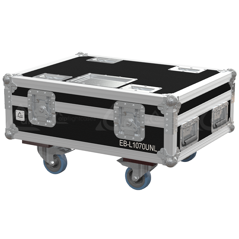 Exterior front view of the professional Epson EB-L1070U and frame flight case featuring 7mm Birch Plywood, durable PVC finish, and heavy-duty 100mm wheels by ALP Flight Cases