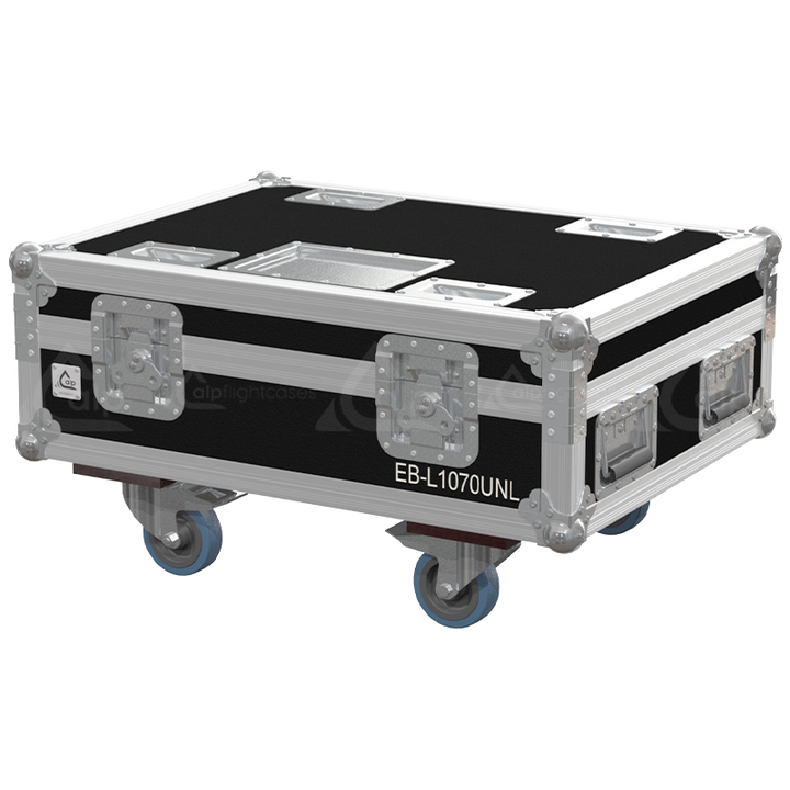 Exterior front view of the professional Epson EB-L1070U and frame flight case featuring 7mm Birch Plywood, durable PVC finish, and heavy-duty 100mm wheels by ALP Flight Cases
